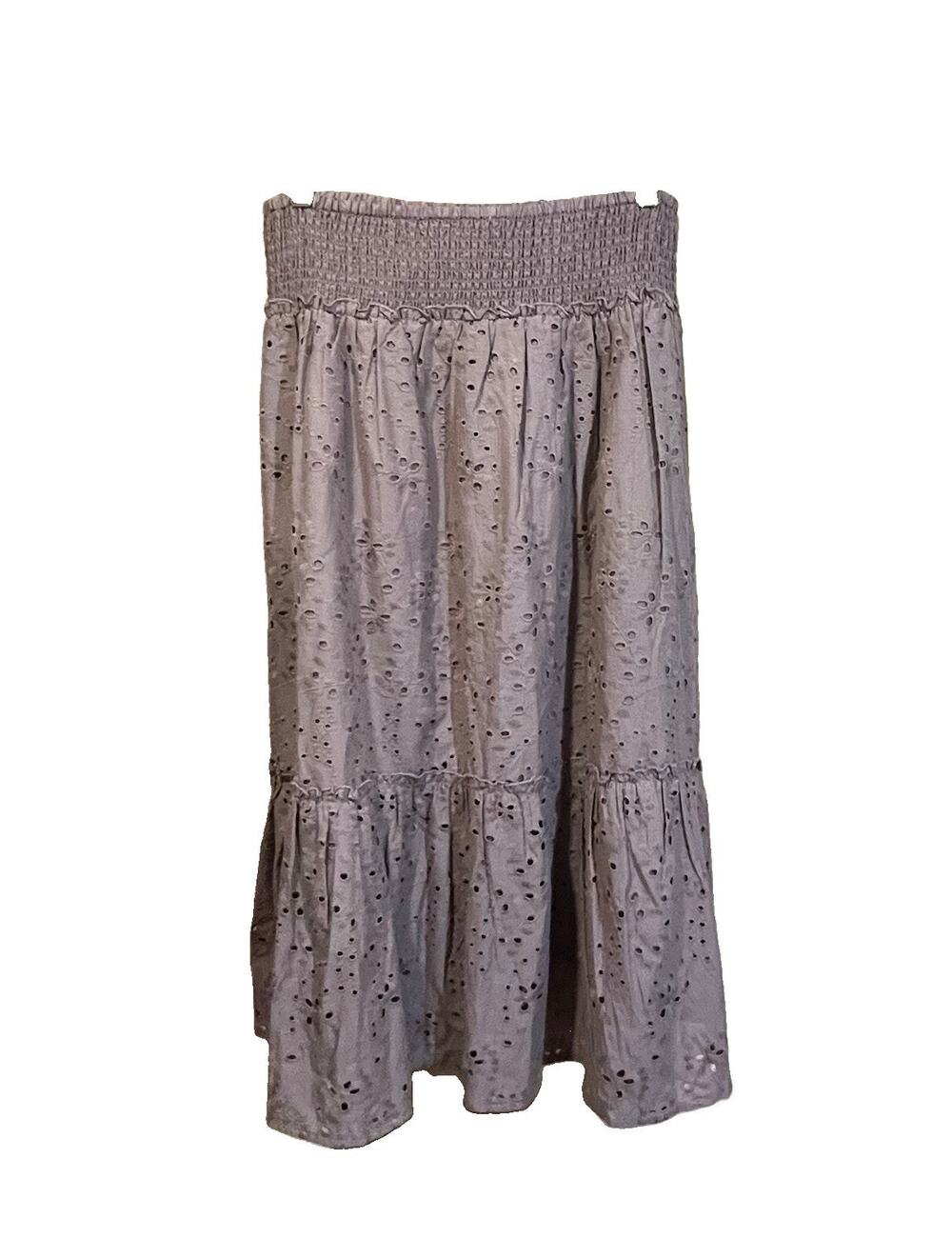 Women’s Brown Eyelet Cotton Midi Skirt Large Boho Festival Western Embroidered